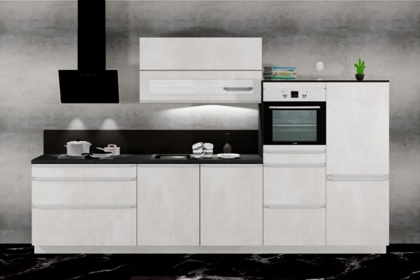 Einbauküche MANKAPRIMO 7 Weißbeton/Carbon schwarz - Schränke montiert/ Küchenzeile 340 cm mit E-Gerä