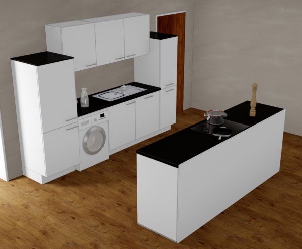 Einbauküche MANKAISLA 1 Weiß / Carbon Schwarz - Schränke montiert/ Insel 285 + 240 cm mit E-Geräte u