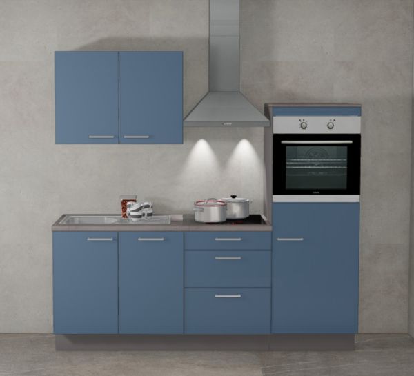 Einbauküche MANKAFOX 8 Rauchblau/Arktisgrau Küchenzeile 215 cm mit E-Geräte