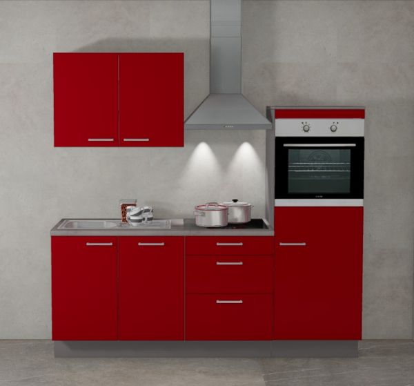 Einbauküche MANKAFOX 4 Rot/Arktisgrau - Schränke montiert/ Küchenzeile 210 cm mit E-Geräte