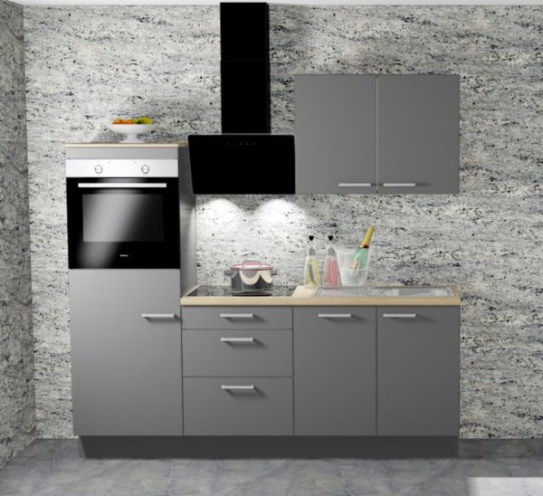 Einbauküche MANKAONYX 13 Onyxgrau - Schränke montiert/ Küchenzeile 215 cm mit E-Geräte u. Spüle