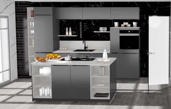 Einbauküche Inselküche MANKALIFE 25 Graphit/Weißbeton - Schränke montiert/ 360+184/100cm