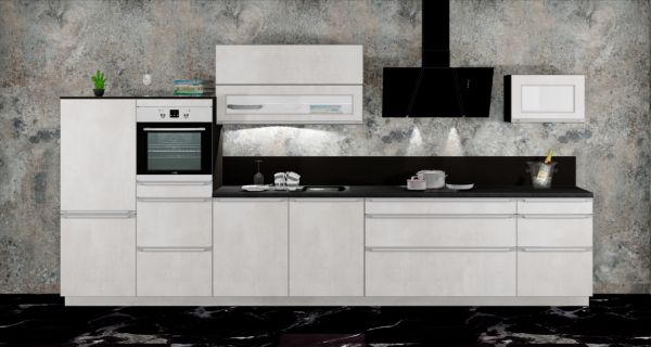 Einbauküche MANKAPRIMO 12 Weißbeton/Carbon schwarz Küchenzeile 420 cm mit E-Geräte u. Spüle