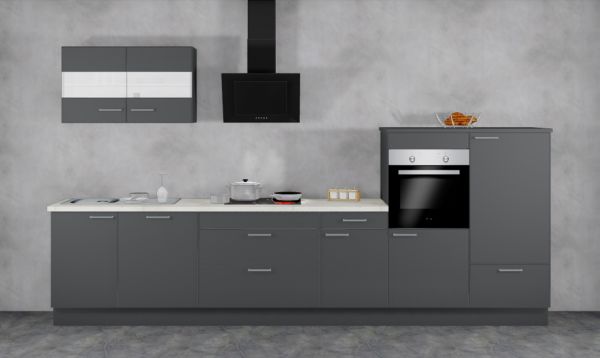 Einbauküche MANKAFIT 13 Anthrazit - Schränke montiert/ Küchenzeile 380 cm mit allen E-Geräte