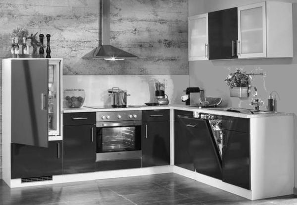Einbauküche MANKASONO 1 Schwarz >>Spiegelglanz<< - Schränke montiert/ Küchenzeile L-Form 265x215 cm