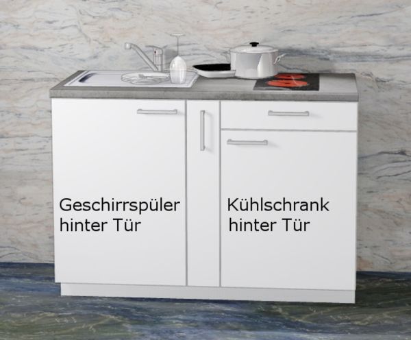 Miniküche MANKAMINI 21 (Höhe XXL) Alpinweiß, 125 cm mit Kochfeld/Kühlschrank/Geschirrspüler (Top!)