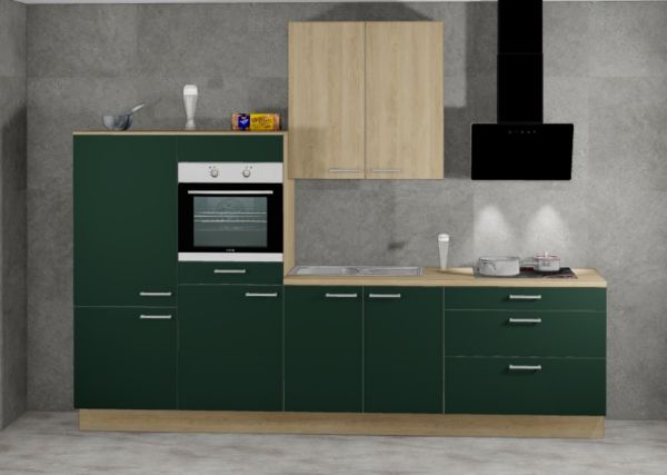 Einbauküche MANKATREND 47 in Blackgreen / Eiche - Schränke montiert/ Küchenzeile 290 cm mit E-Geräte