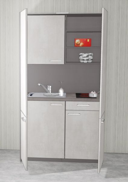 Schrankküche MANKAHIDE 1 Weißbeton (Höhe XXL) Küchenblock 105 cm mit Kochfeld, Spüle+Armatur/Top