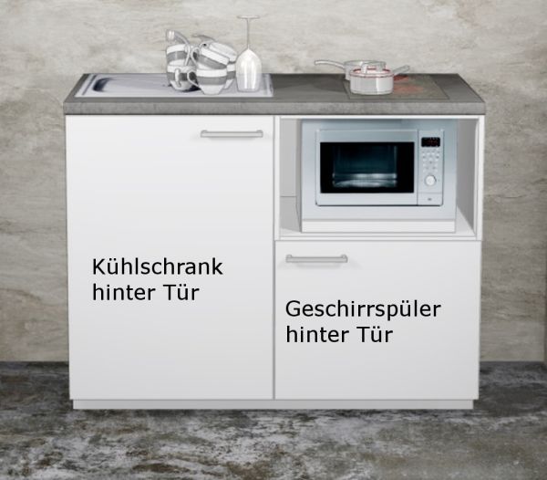 Miniküche MANKAMINI 14 (Höhe XXL) Weiß, 120 cm mit Kochfeld/Mikro/Kühlschrank/Geschirrspüler (Top!)