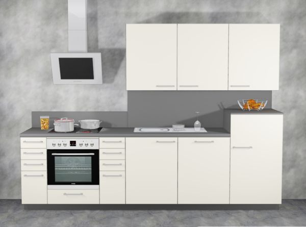 Einbauküche MANKARIVA 1 Magnolie strukturiert /Onyxgrau Küchenzeile 300 cm m. E-Geräte u. Spüle