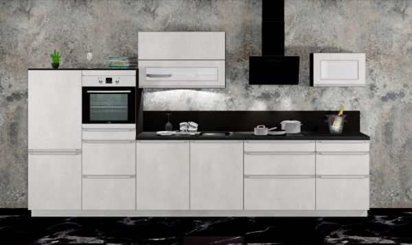 Einbauküche MANKAPRIMO 10 Weißbeton/Carbon schwarz - Schränke montiert/ Küchenzeile 390 cm mit E-Ger