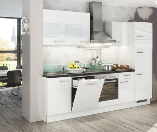 Einbauküche MANKAECO 5 Weiß Hochglanz - Schränke montiert/ Küchenzeile 280 cm mit E-Geräte