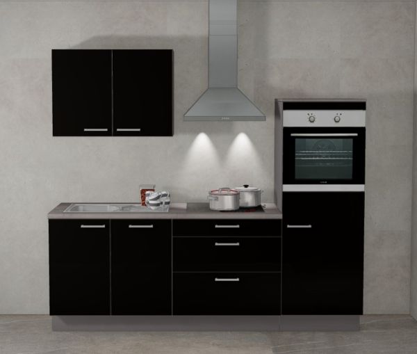 Einbauküche MANKAFOX 10 Schwarz/Arktisgrau - Schränke montiert/ Küchenzeile 230 cm mit E-Geräte