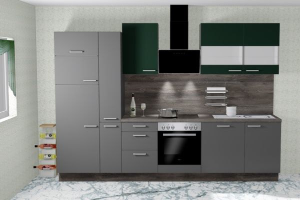 Einbauküche MANKAONYX 30 Onyxgrau / Blackgreen - Schränke montiert/ Küchenzeile 310 cm m. E-Geräte u