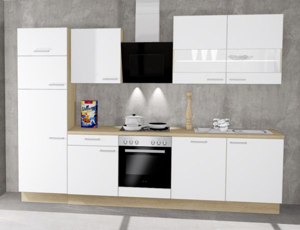 Einbauküche MANKADUO 4 Weiß Hochglanz Lack / Eiche Sand Küchenzeile 300 cm mit E-Geräte u. Spüle