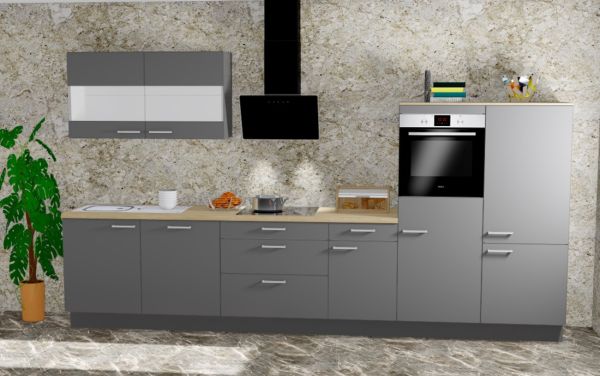 Einbauküche MANKAONYX 45 Onyxgrau - Schränke montiert/ Küchenzeile 365 cm mit E-Geräte u. Spüle