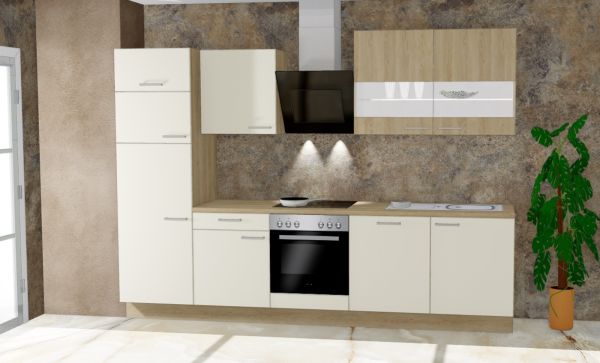 Einbauküche MANKAFLAIR 6 Magnolie / Eiche Sand Küchenzeile 280 cm mit E-Geräte u. Spüle