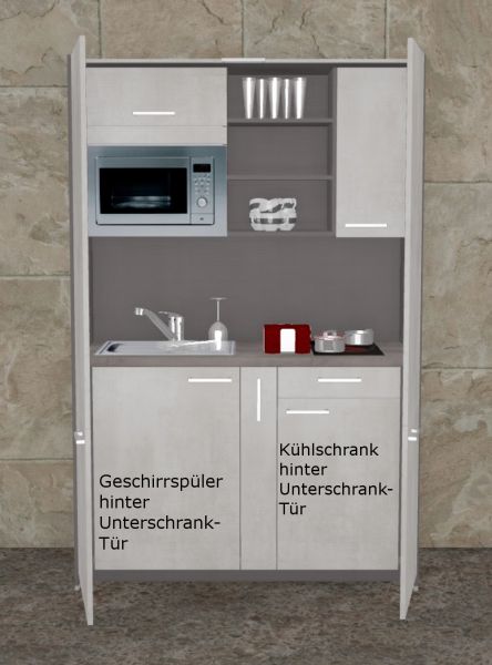 Schrankküche MANKAHIDE 7KGM Weißbeton(Höhe XXL) Küchenblock 140 cm mit Elektrogeräte (Top!)
