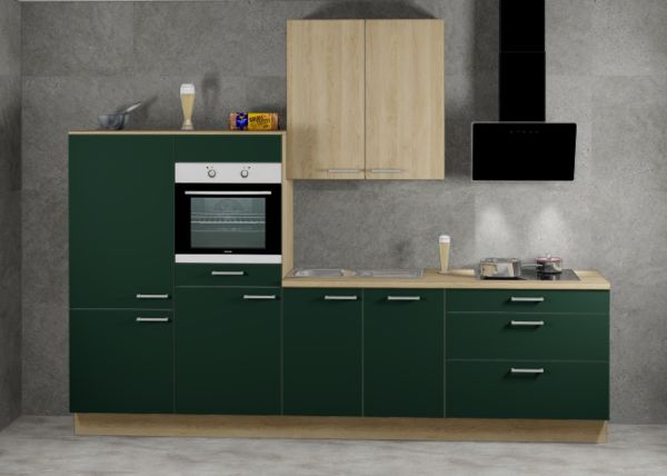 Einbauküche MANKATREND 50 in Blackgreen / Eiche - Schränke montiert/ Küchenzeile 290 cm ohne E-Gerät