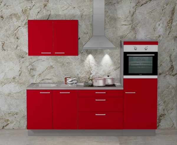 Einbauküche MANKAFOX 14 Rot/Arktisgrau - Schränke montiert/ Küchenzeile 250 cm mit E-Geräte