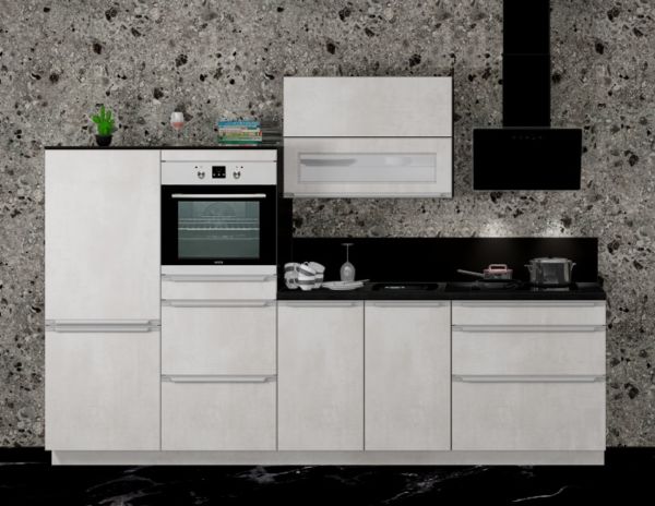 Einbauküche MANKAPRIMO 2 Weißbeton/Carbon schwarz Küchenzeile 295 cm mit E-Geräte u. Spüle