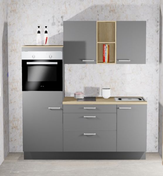 Einbauküche MANKAONYX 8 Onyxgrau - Schränke montiert/ Küchenzeile 190 cm mit E-Geräte u. Spüle