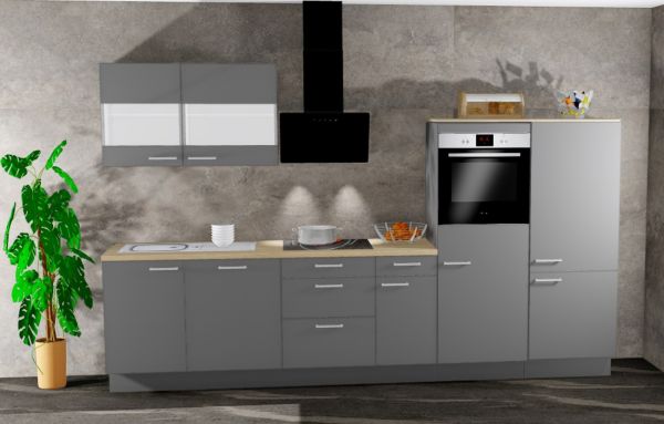 Einbauküche MANKAONYX 39 Onyxgrau - Schränke montiert/ Küchenzeile 330 cm mit E-Geräte u. Spüle