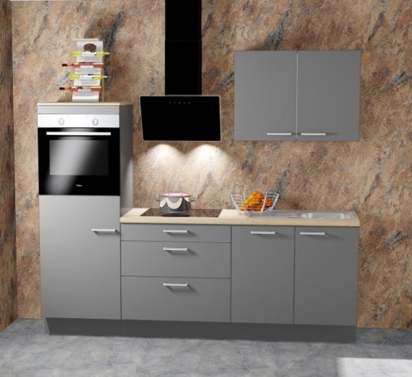 Einbauküche MANKAONYX 16 Onyxgrau - Schränke montiert/ Küchenzeile 230 cm mit E-Geräte u. Spüle