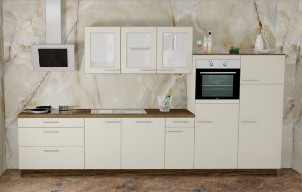 Einbauküche MANKALIGNO 3 Kaschmir - Schränke montiert/ Küchenzeile 355 cm m. E-Geräte u. Spüle