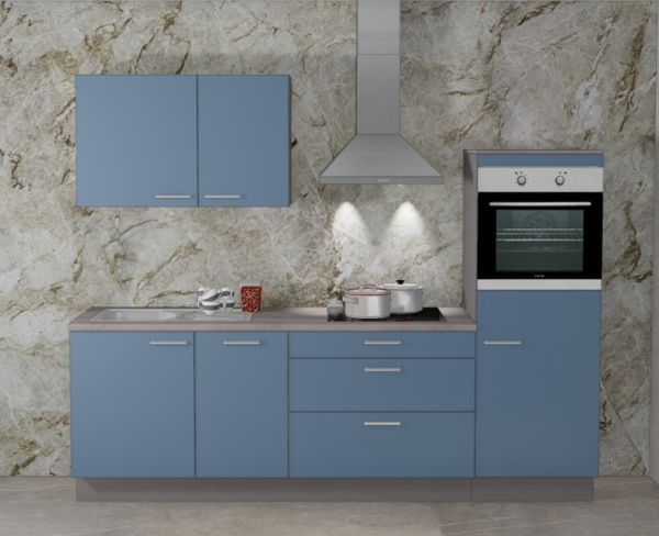 Einbauküche MANKAFOX 15 Rauchblau/Arktisgrau Küchenzeile 255 cm mit E-Geräte