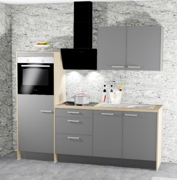 Einbauküche MANKAONYX 14 Onyxgrau - Schränke montiert/ Küchenzeile 220 cm mit E-Geräte u. Spüle
