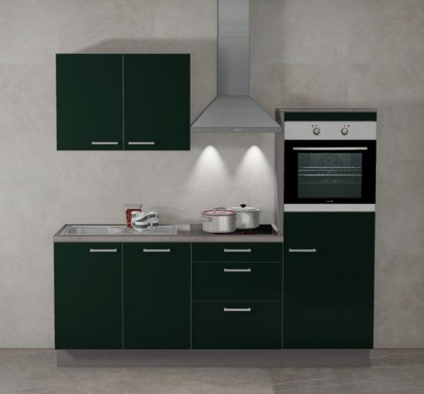 Einbauküche MANKAFOX 7 Blackgreen/Arktisgrau Küchenzeile 215 cm mit E-Geräte