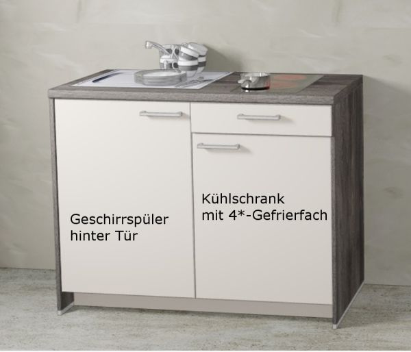 Miniküche MANKAMINI 16 (Höhe XXL) Angoragrau, 123 cm mit Kochfeld/Kühlschrank/Geschirrspüler (Top!)