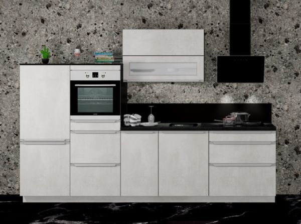 Einbauküche MANKAPRIMO 3 Weißbeton/Carbon schwarz - Schränke montiert/ Küchenzeile 305 cm mit E-Gerä