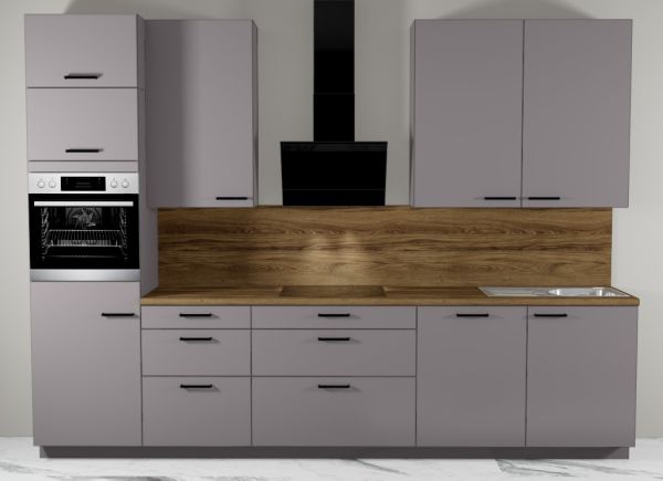 MANKALOFT 17 - Küchenzeile in Grau mit hohen Hängeschränken 330 cm