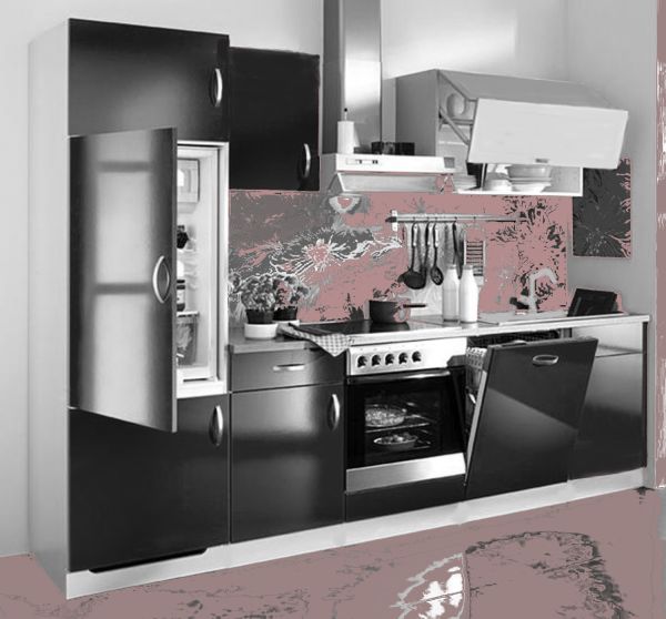 Einbauküche MANKASONO 11 in Schwarz >>Spiegelglanz<< - Schränke montiert/ Küchenzeile 290 cm mit E-G