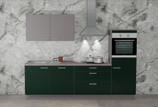 Einbauküche MANKAFOX 18 Blackgreen/Arktisgrau - Schränke montiert/ Küchenzeile 270 cm mit E-Geräte
