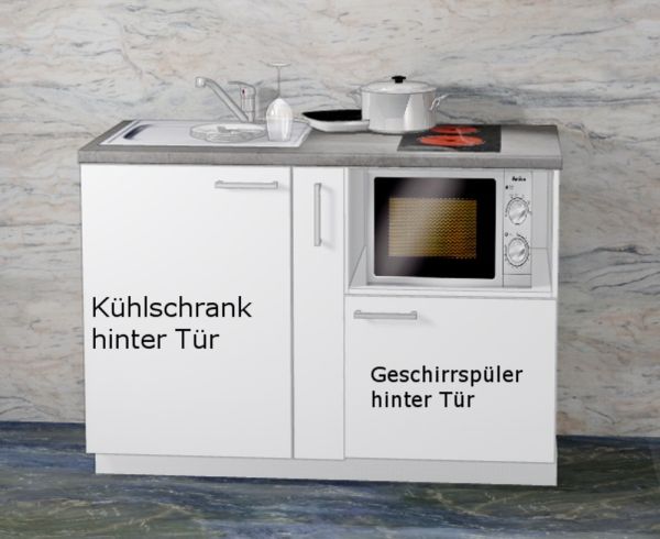 Miniküche MANKAMINI 23 (Höhe XXL) Weiß, 135 cm mit Kochfeld/Kühlschrank/Geschirrspüler/Mikrowelle