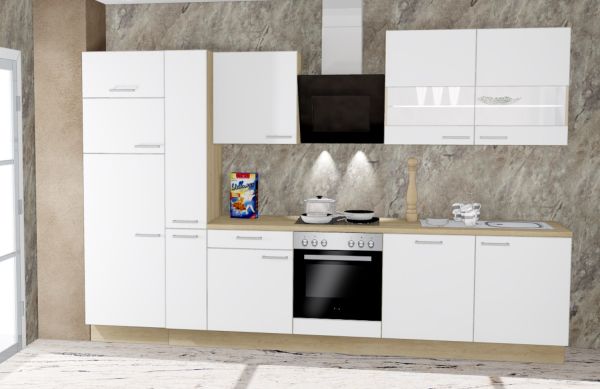Einbauküche MANKADUO 1 Weiß Hochglanz Lack / Eiche Sand - Schränke montiert/ Küchenzeile 310 cm mit