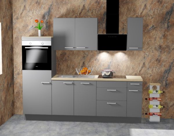 Einbauküche MANKAONYX 19 Onyxgrau - Schränke montiert/ Küchenzeile 245 cm mit E-Geräte u. Spüle