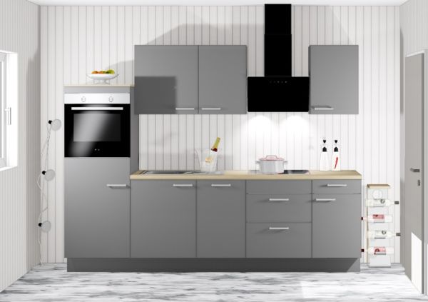 Einbauküche MANKAONYX 21 Onyxgrau - Schränke montiert/ Küchenzeile 255 cm mit E-Geräte u. Spüle