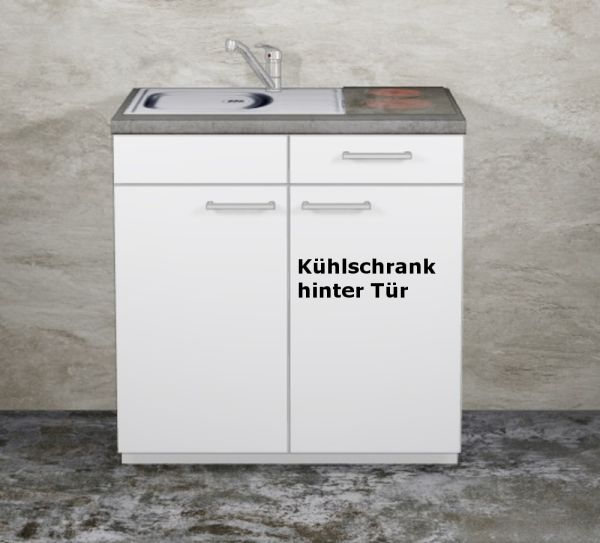 Miniküche MANKAMINI 11 Weiß (Höhe XXL) Küchenzeile 120 cm mit Kochfeld, Kühlschrank + Spüle (Top!)