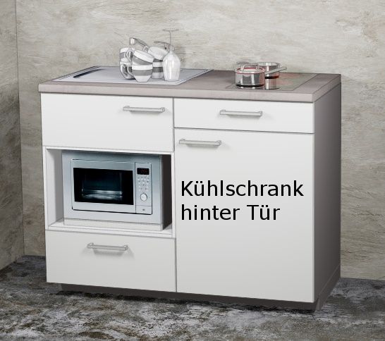 Miniküche MANKAMINI 15 (Höhe XXL) Seidengrau, 120 cm mit Kochfeld/Mikro/Kühlschrank (Top-Qualität!)