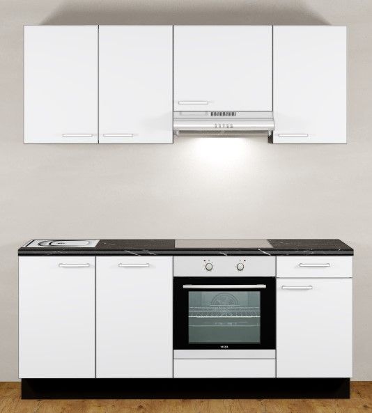 Einbauküche MANKAFUN SC1.95 Weiß - Schränke montiert/ Küchenzeile 195 cm mit E-Geräte u. Spüle