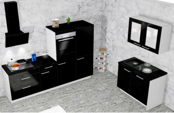 Einbauküche MANKASTARLIGHT-TR Pianoschwarz Spiegelglanz / Planmaß 250 cm + 112 cm mit E-Geräte