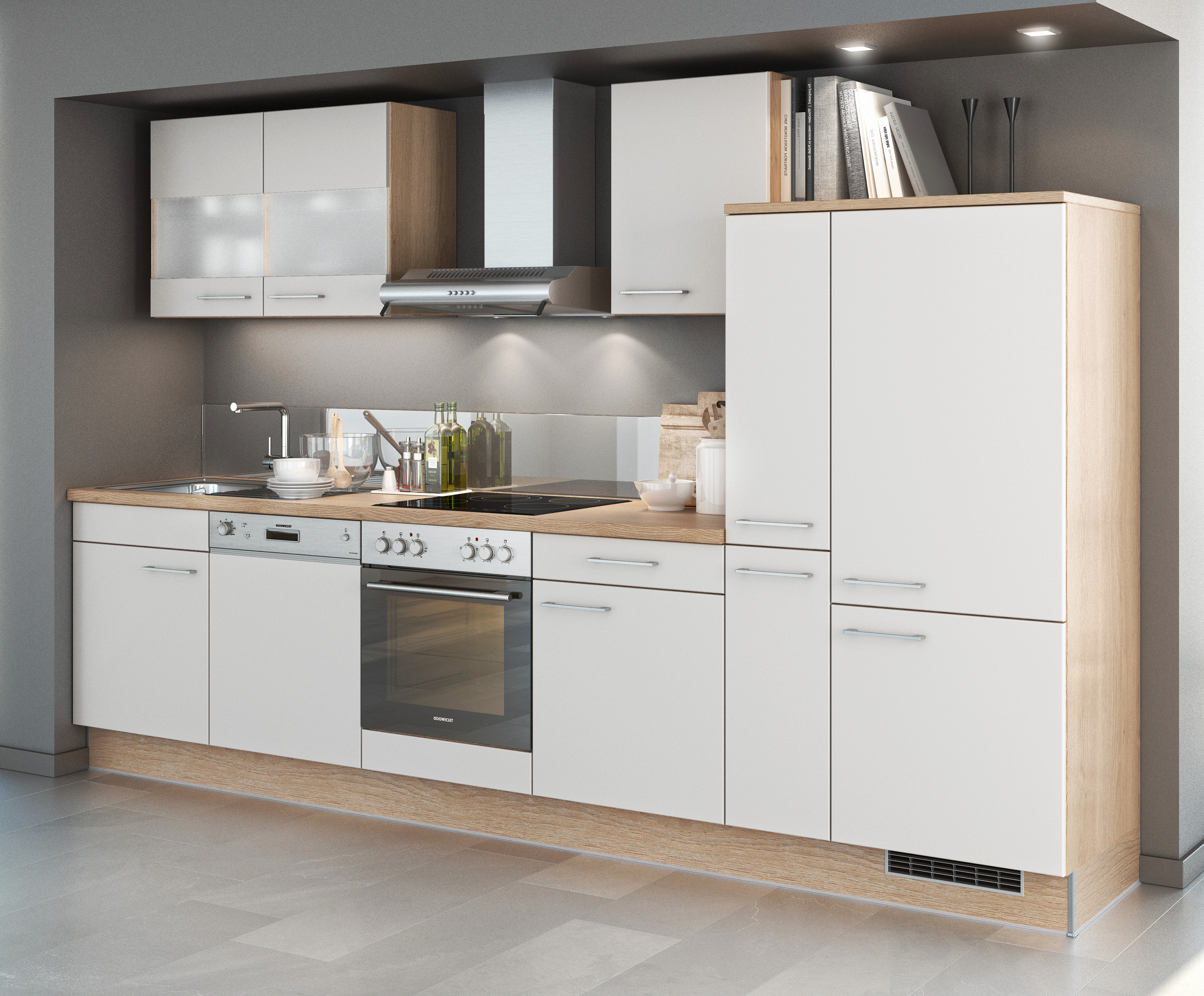 Küche mit Elektrogeräten Spülbecken Einbauküche Küchenzeile E-Geräten Eiche Weiß 