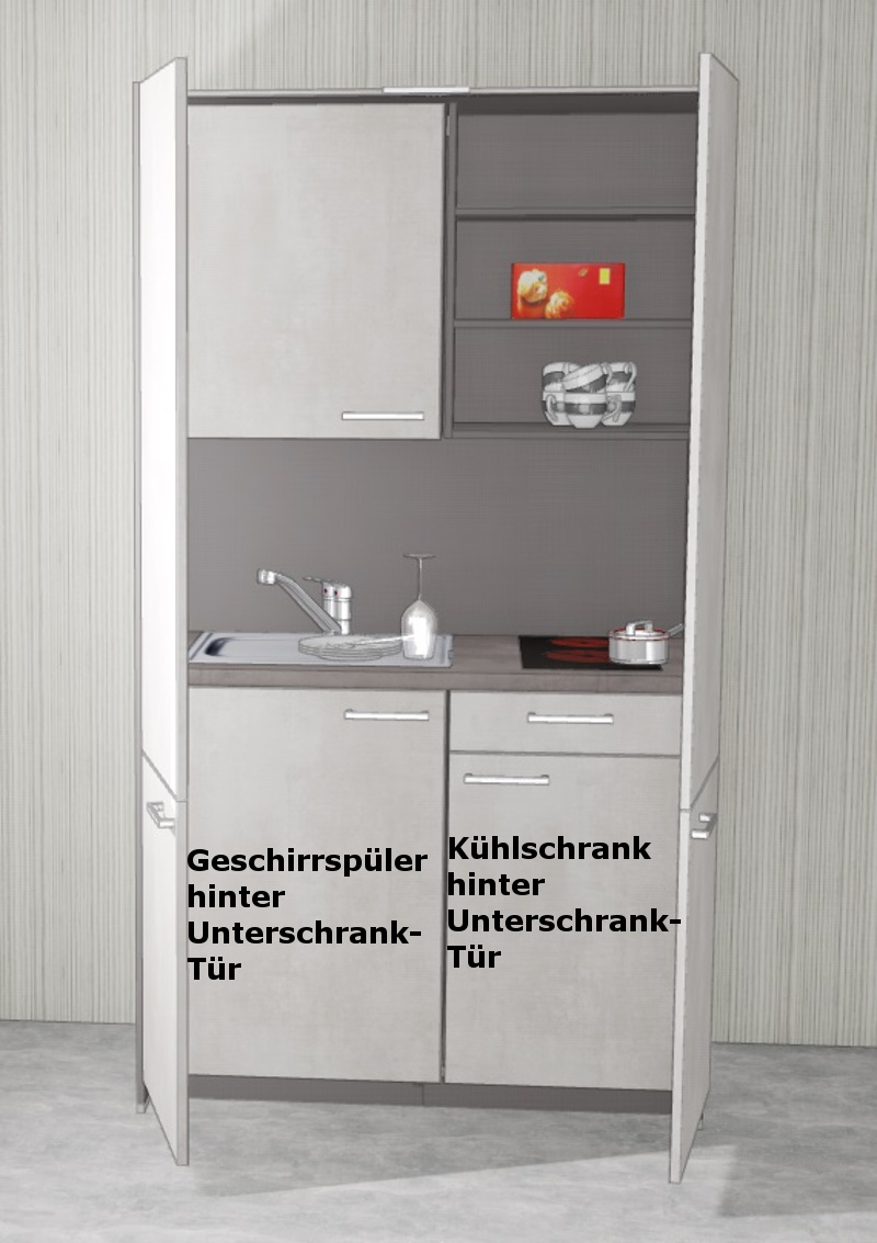 Schrankküche MANKAHIDE 4KG Weißbeton (Höhe XXL) Küchenblock 120 cm mit  Kochfeld,Kühlschrank,Geschirrpüler | MANKAMOEBEL