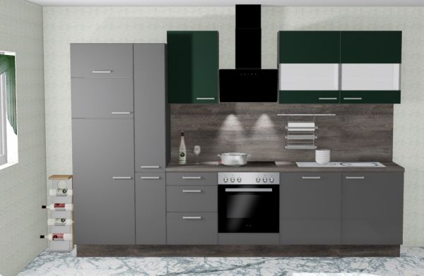 Einbauküche MANKAONYX 31 Onyxgrau / Blackgreen - Schränke montiert/ Küchenzeile 320 cm m. E-Geräte u