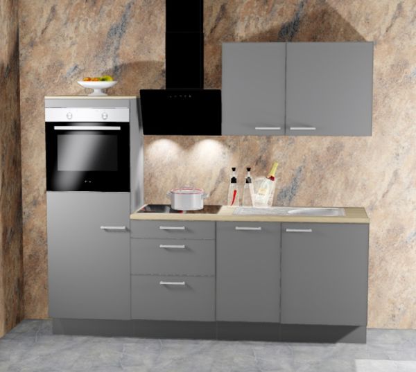 Einbauküche MANKAONYX 15 Onyxgrau - Schränke montiert/ Küchenzeile 225 cm mit E-Geräte u. Spüle