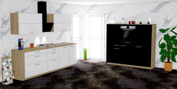 Einbauküche MANKALIDO 1 in Weiß + Schwarz >Spiegelglanz< - Schränke montiert/ Küchenzeilen 270 + 18
